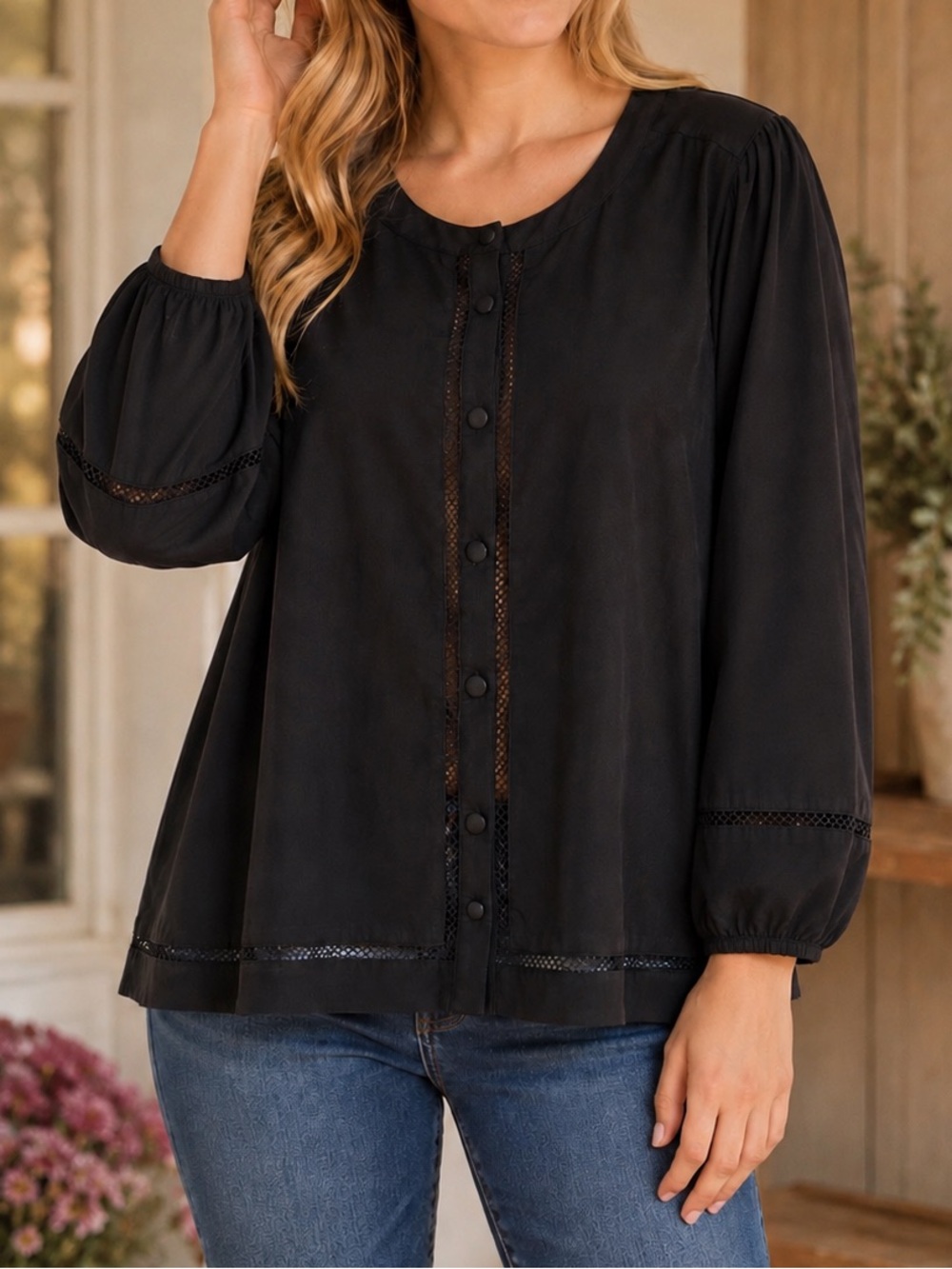Reitmans 100% Cotton Black Button Front Blouse XL Mesh Trim Long Sleeve